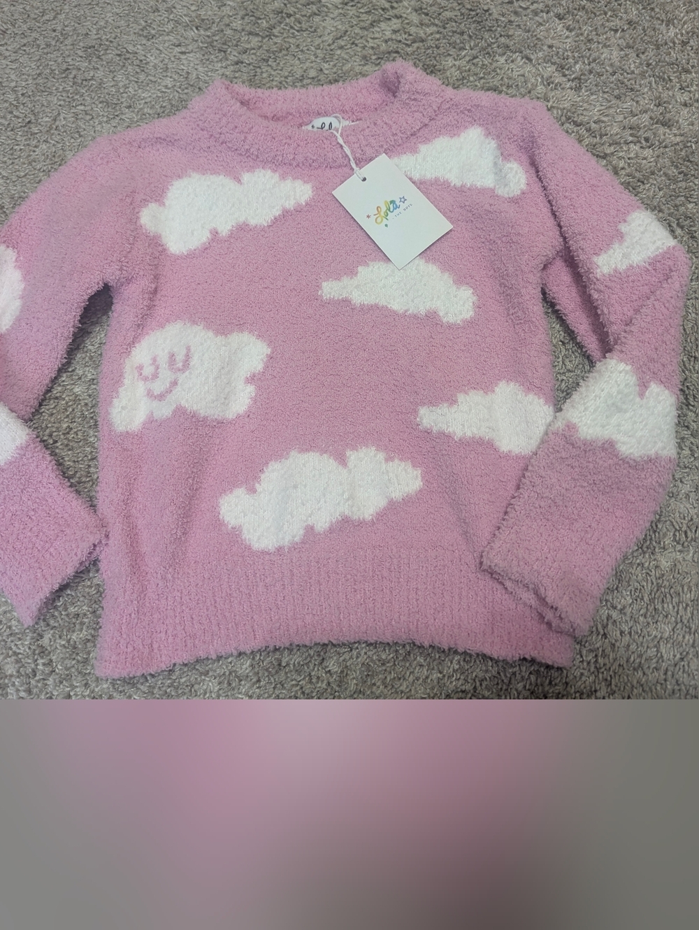 Lola + The Boys Pink Sweater with White Cloud Pattern